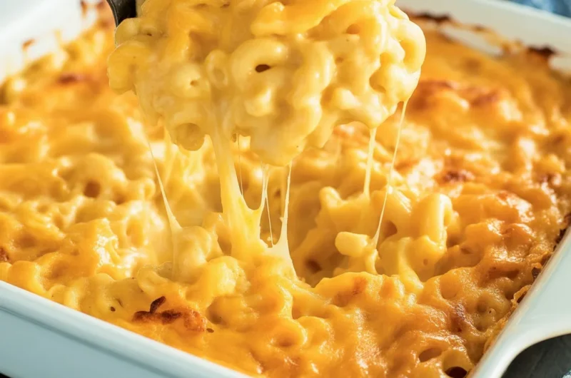 A delicious serving of classic mac and cheese with gooey cheese and crunchy top.