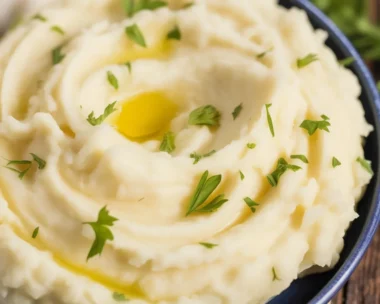 Deliciously creamy mashed potatoes topped with melted butter and herbs.