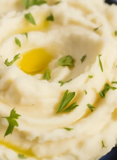 Deliciously creamy mashed potatoes topped with melted butter and herbs.