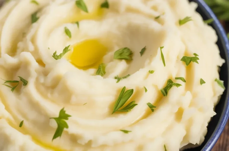 Deliciously creamy mashed potatoes topped with melted butter and herbs.
