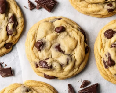Freshly baked homemade chocolate chip cookies with gooey chocolate chunks.