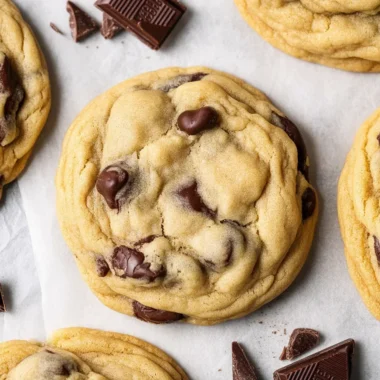 Freshly baked homemade chocolate chip cookies with gooey chocolate chunks.