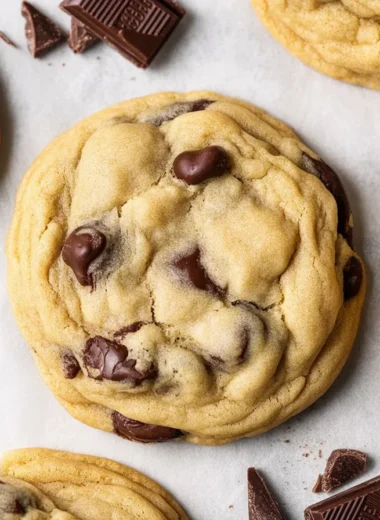 Freshly baked homemade chocolate chip cookies with gooey chocolate chunks.