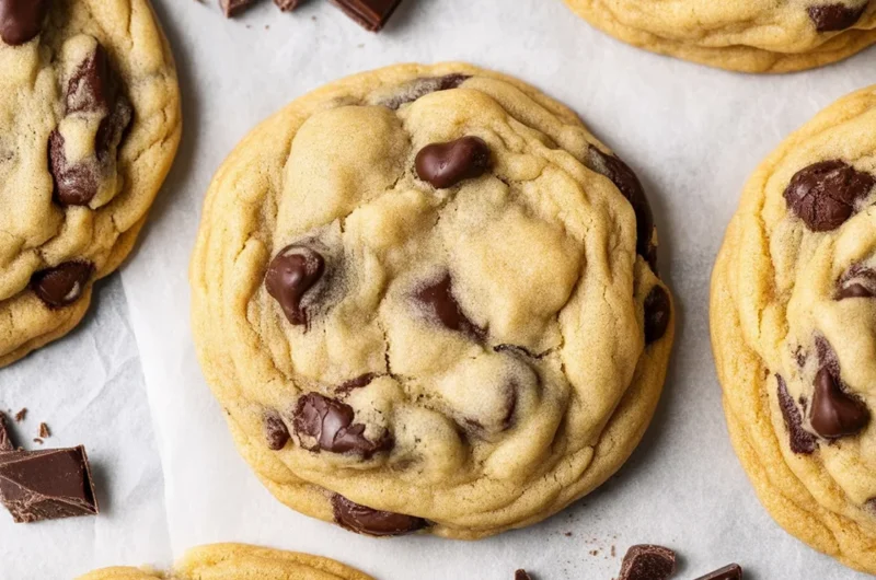 Freshly baked homemade chocolate chip cookies with gooey chocolate chunks.