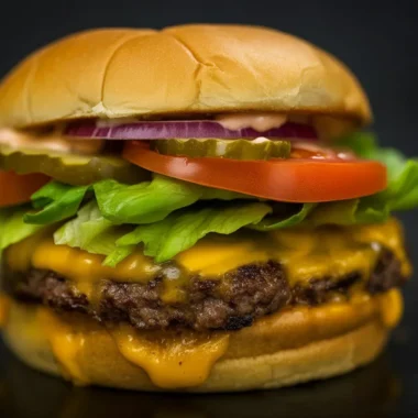 Savor the Flavor: All-American Cheeseburger Near You! 41 Delicious All-American Cheeseburger with cheese, pickles, and condiments on a sesame bun.