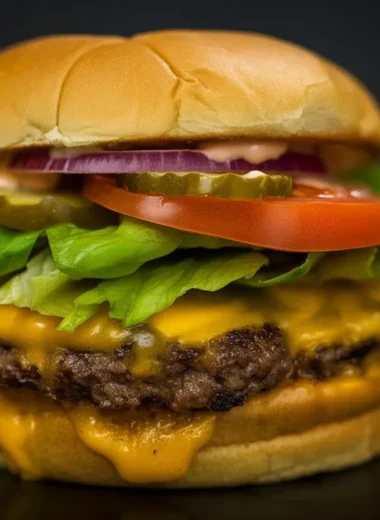 Delicious All-American Cheeseburger with cheese, pickles, and condiments on a sesame bun.