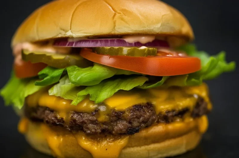 Delicious All-American Cheeseburger with cheese, pickles, and condiments on a sesame bun.
