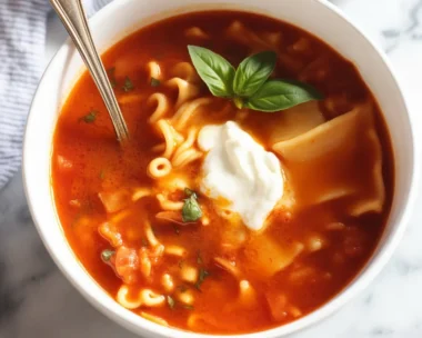 Delicious bowl of Lasagna Soup with ground beef, sausage, and melted cheese.