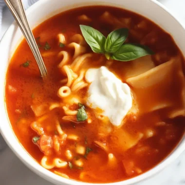 Delicious bowl of Lasagna Soup with ground beef, sausage, and melted cheese.