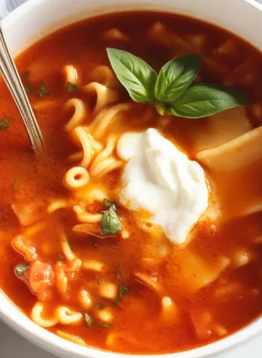 Delicious bowl of Lasagna Soup with ground beef, sausage, and melted cheese.