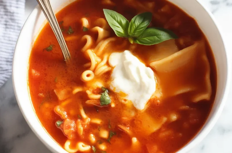 Delicious bowl of Lasagna Soup with ground beef, sausage, and melted cheese.