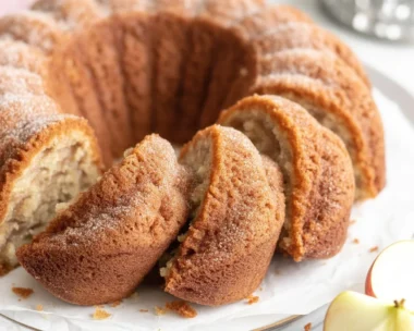 Moist and spiced Apple Cider Donut Cake with cinnamon sugar topping for fall dessert.
