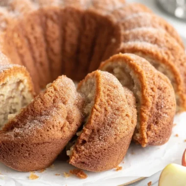 Moist and spiced Apple Cider Donut Cake with cinnamon sugar topping for fall dessert.