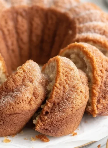 Moist and spiced Apple Cider Donut Cake with cinnamon sugar topping for fall dessert.