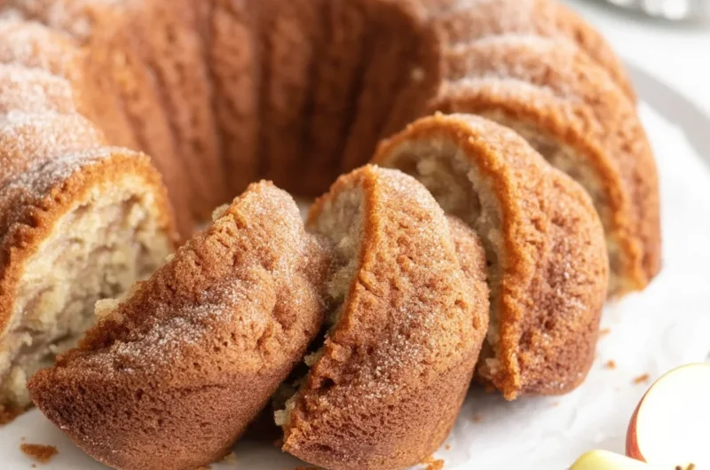 Moist and spiced Apple Cider Donut Cake with cinnamon sugar topping for fall dessert.