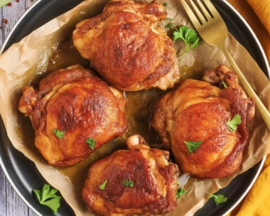 Crispy Hot Honey Chicken Thighs drizzled with sweet and spicy sauce on a plate.