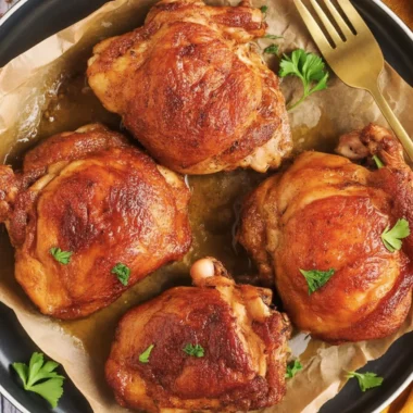 Crispy Hot Honey Chicken Thighs That'll Make You Buzz! 40 Crispy Hot Honey Chicken Thighs drizzled with sweet and spicy sauce on a plate.