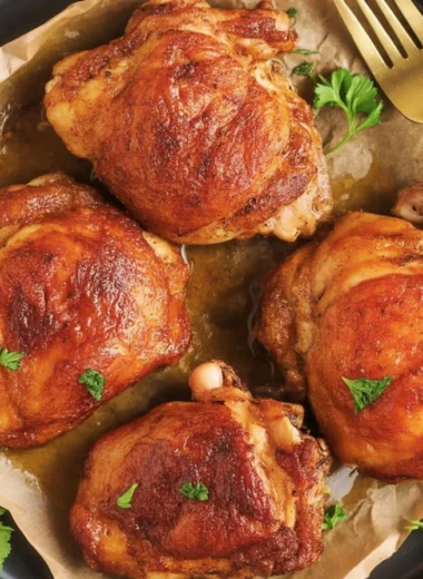 Crispy Hot Honey Chicken Thighs drizzled with sweet and spicy sauce on a plate.
