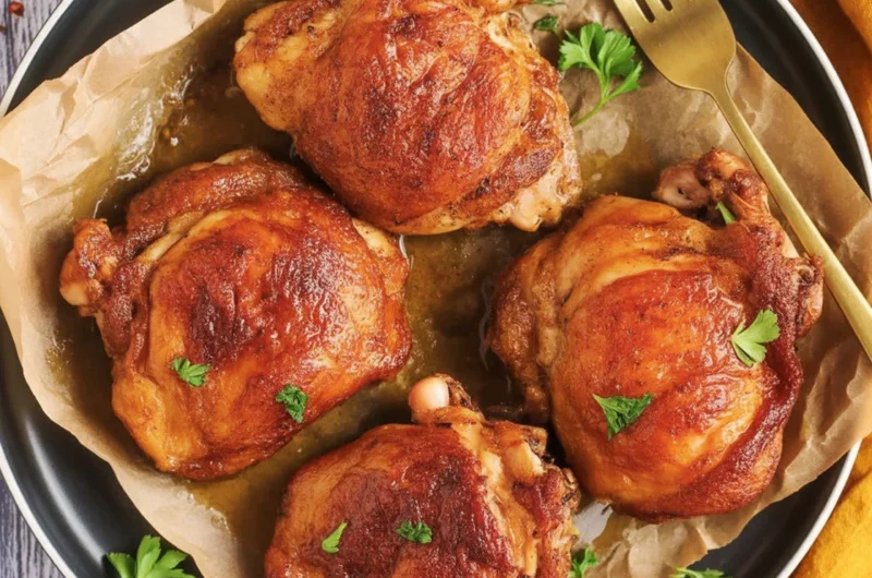 Crispy Hot Honey Chicken Thighs drizzled with sweet and spicy sauce on a plate.