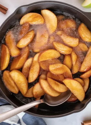 Bowl of Southern Fried Apples cooked in butter and cinnamon, a delicious dessert.