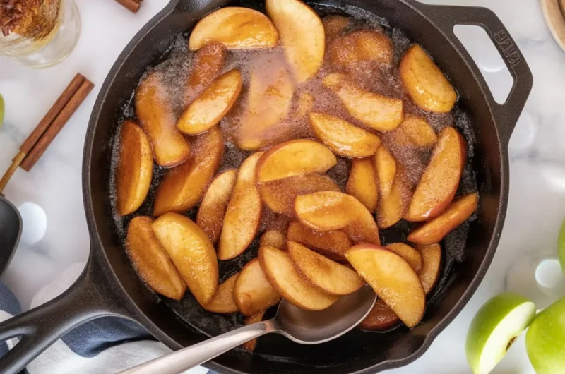 Bowl of Southern Fried Apples cooked in butter and cinnamon, a delicious dessert.