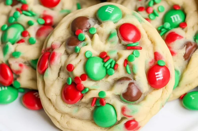 Delicious M&M Christmas Cookies with vibrant red and green candy pieces.