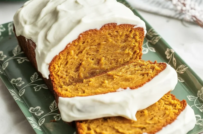 Slices of pumpkin loaf topped with cream cheese frosting on a plate, perfect for fall.