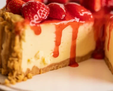 Delicious Strawberry Cheesecake topped with fresh strawberries and homemade sauce