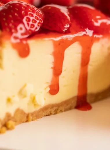Delicious Strawberry Cheesecake topped with fresh strawberries and homemade sauce