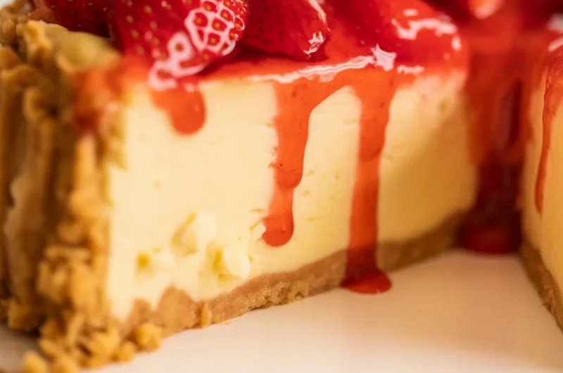 Delicious Strawberry Cheesecake topped with fresh strawberries and homemade sauce