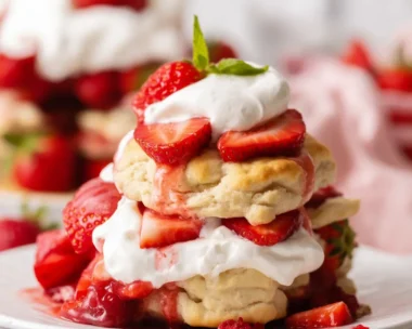 Delicious homemade Strawberry Shortcake with whipped cream and fresh strawberries.