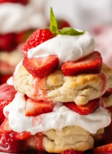 Delicious homemade Strawberry Shortcake with whipped cream and fresh strawberries.