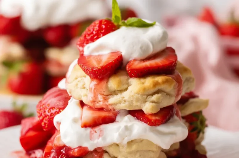 Delicious homemade Strawberry Shortcake with whipped cream and fresh strawberries.