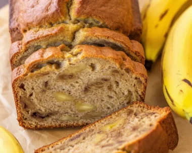 Moist banana bread recipe baked with ripe bananas and walnuts.