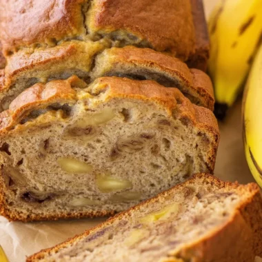 Moist banana bread recipe baked with ripe bananas and walnuts.