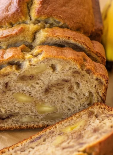 Moist banana bread recipe baked with ripe bananas and walnuts.