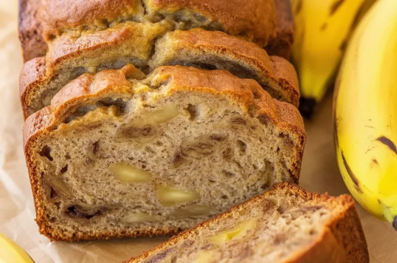 Moist banana bread recipe baked with ripe bananas and walnuts.