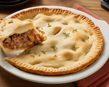 Homemade classic meat pie with beef, pork, and potato filling in flaky pastry