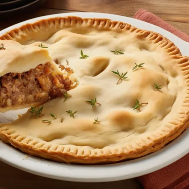 Homemade classic meat pie with beef, pork, and potato filling in flaky pastry