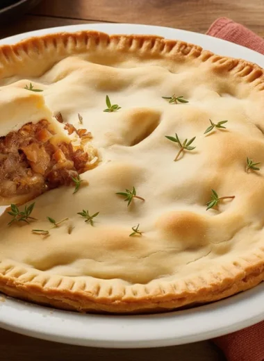 Homemade classic meat pie with beef, pork, and potato filling in flaky pastry