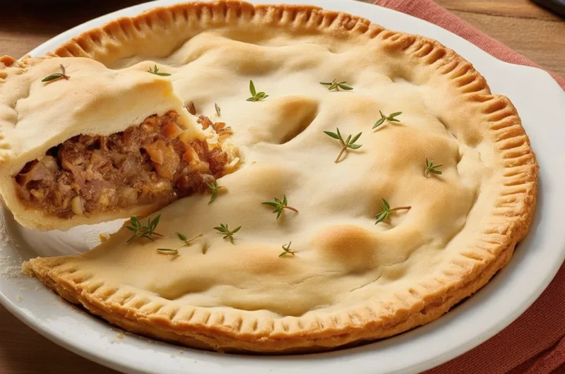 Homemade classic meat pie with beef, pork, and potato filling in flaky pastry