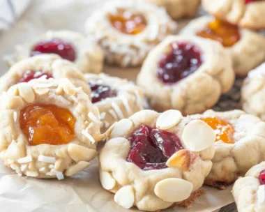 Gluten-Free Eggnog Thumbprint Cookies filled with jam, perfect for holiday treats.