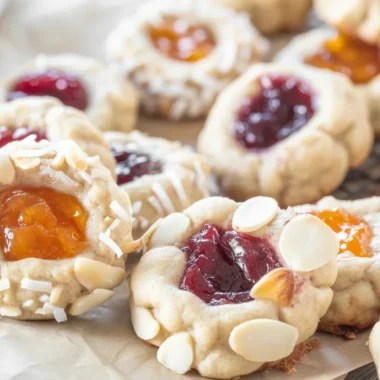 Gluten-Free Eggnog Thumbprint Cookies filled with jam, perfect for holiday treats.