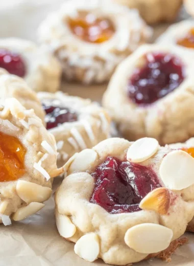 Gluten-Free Eggnog Thumbprint Cookies filled with jam, perfect for holiday treats.