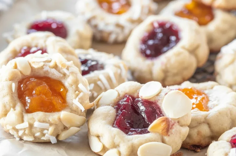 Gluten-Free Eggnog Thumbprint Cookies filled with jam, perfect for holiday treats.