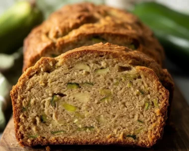 Freshly baked zucchini bread with walnuts and cinnamon, sliced and served.