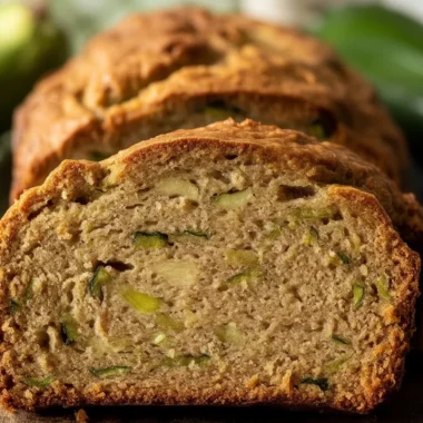 Freshly baked zucchini bread with walnuts and cinnamon, sliced and served.