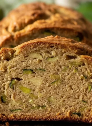 Freshly baked zucchini bread with walnuts and cinnamon, sliced and served.