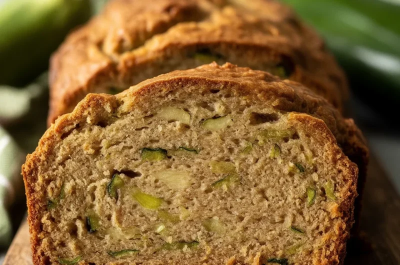 Freshly baked zucchini bread with walnuts and cinnamon, sliced and served.