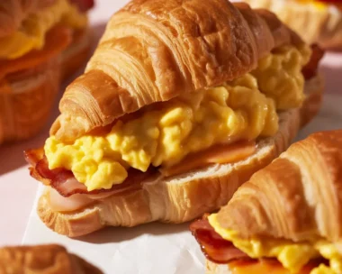 Delicious croissant sandwich filled with savory ingredients and melted cheese.